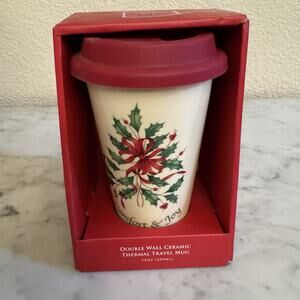 Lenox Travel Tumbler Coffee Cup Holiday Christmas Holly Design 12oz Comfort Joy